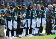 <p>The Philadelphia Eagles are seen during the national anthem at the game against the Los Angeles Chargers at the StubHub Center on October 1, 2017 in Carson, California. (Photo by Sean M. Haffey/Getty Images) </p>