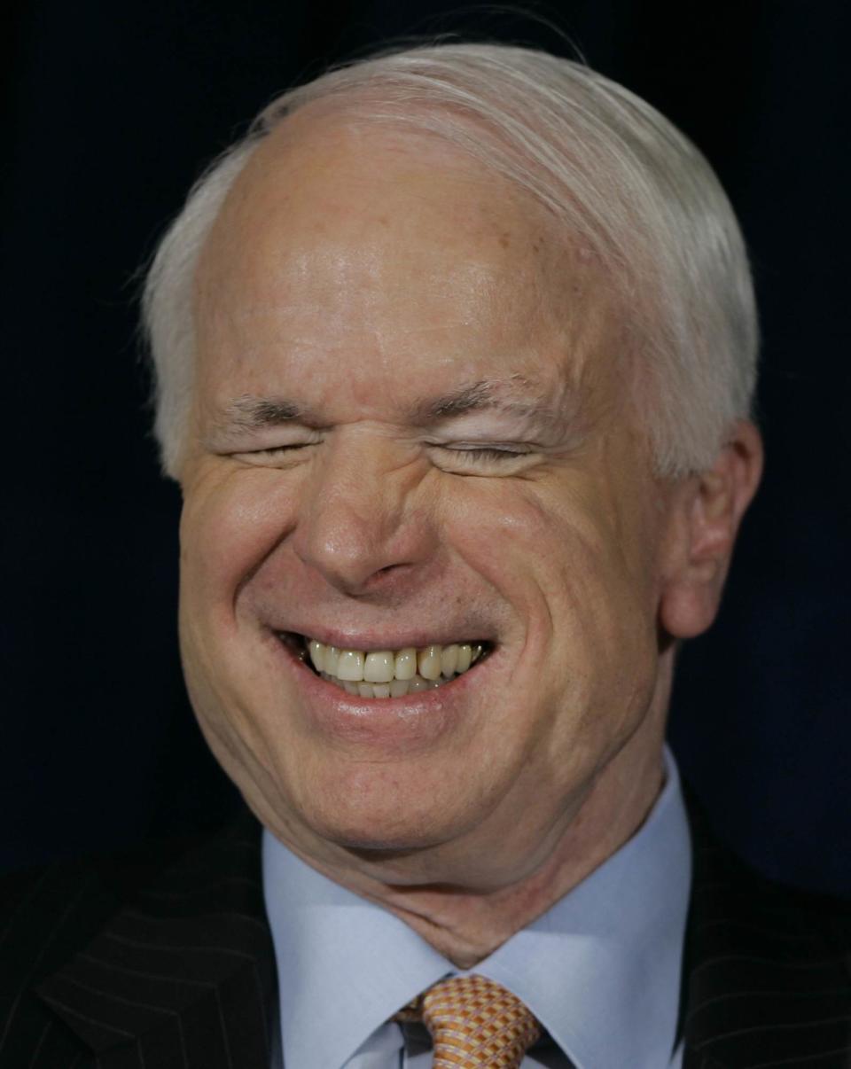 <p>Sen. John McCain reacts as former Solicitor General Ted Olson, not shown, mentions some Democratic leaders during his introduction at the Federalist Society Convention in Washington, Thursday, Nov. 16, 2006. (Photo: Manuel Balce Ceneta/AP) </p>