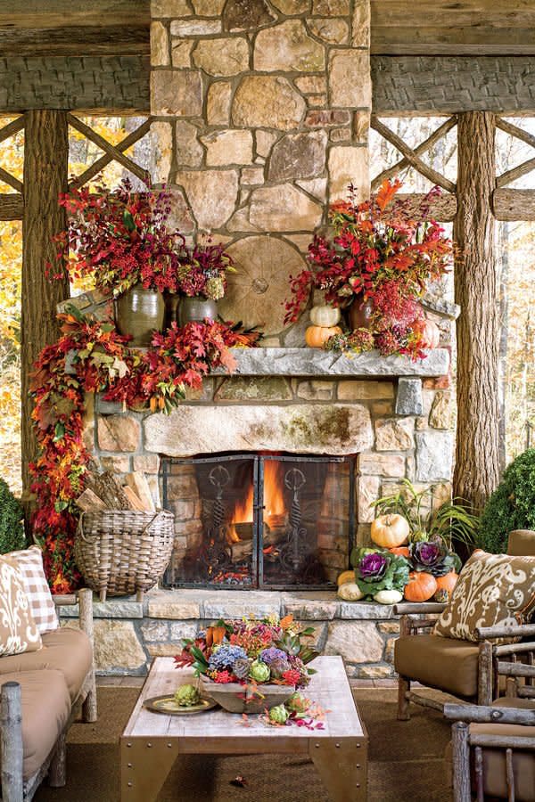 Foliage-Filled Outdoor Fireplace
