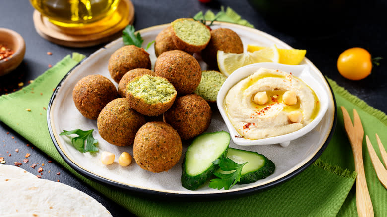 Plate of falafel with hummus