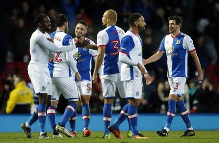 Britain Football Soccer - Blackburn Rovers v Newcastle United - Sky Bet Championship - Ewood Park - 2/1/17 Blackburn players celebrate at the final whistle Mandatory Credit: Action Images / Andrew Boyers