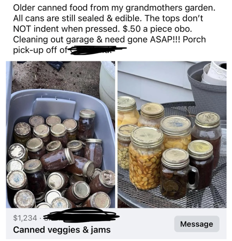 Two photos: The first photo shows a bin filled with various sealed canned vegetables and jams. The second photo shows jars of pickled items on a table. The text describes selling these items for $0.50 each. Porch pickup only