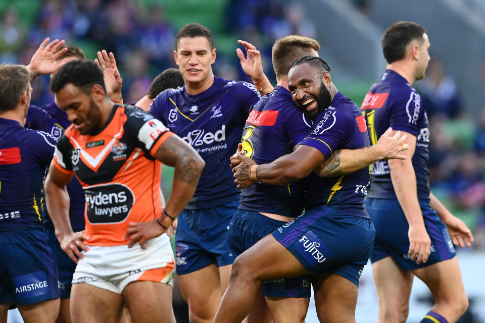 The Melbourne Storm, pictured here in action against the Wests Tigers.