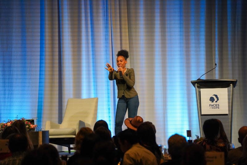 Drea Kelly speaks at Faces of Hope’s benefit luncheon at Boise Centre West on Tuesday, April 9, 2024. - Photo: Josh Burkholder Photography