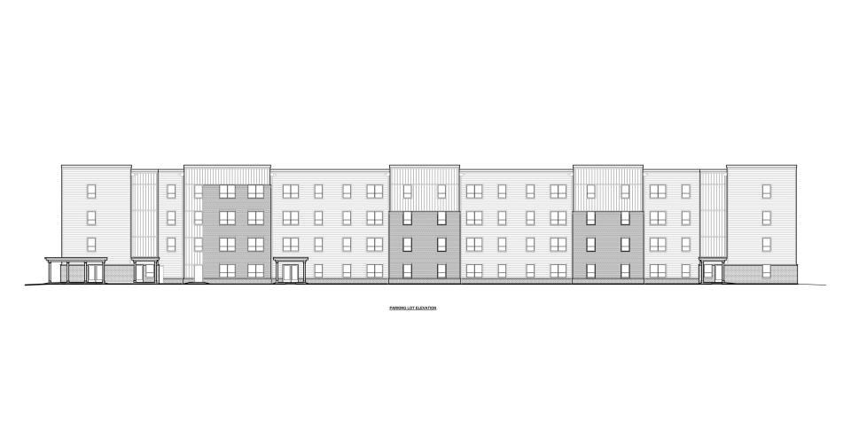 A preliminary elevation drawing of Newton Family Apartments.