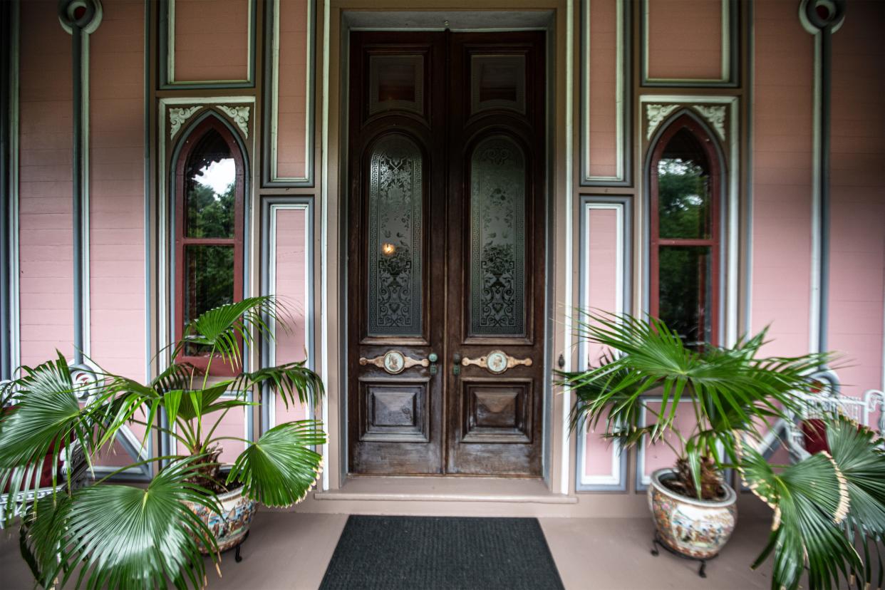 The entrance to the Armour-Stiner Octagon House in Irvington, New York, photographed July 17, 2024. The house was constructed in 1872. In 1978, architect and preservationist Joseph Pell Lombardi bought the house and restored it. The Lombardi family still owns the house.