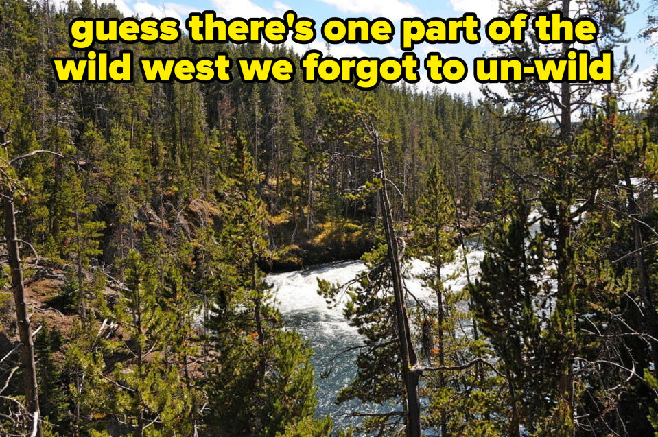 Rivers and forests of Yellowstone with caption: guess there's one part of the wild west we forgot to un-wild