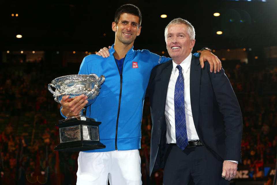 Novak Djokovic and Craig Tiley, pictured here after the Australian Open final in 2015.