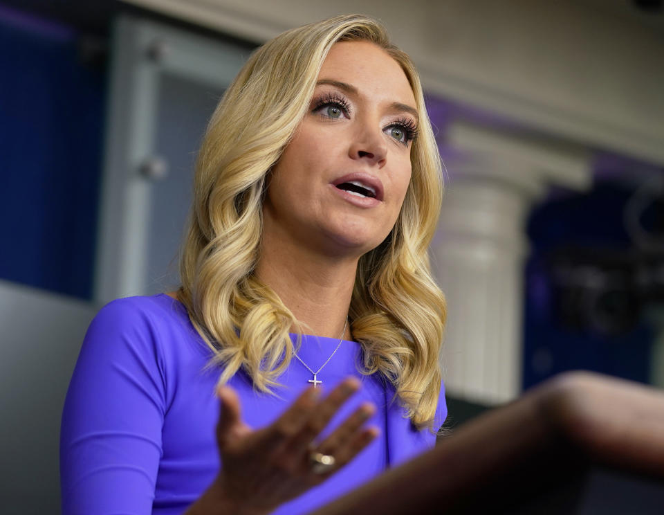 FILE - White House press secretary Kayleigh McEnany speaks during a press briefing at the White House, Tuesday, Dec. 15, 2020, in Washington. Fox News aired a McEnany interview with Republican presidential candidate Ron DeSantis on Wednesday. (AP Photo/Evan Vucci, File)