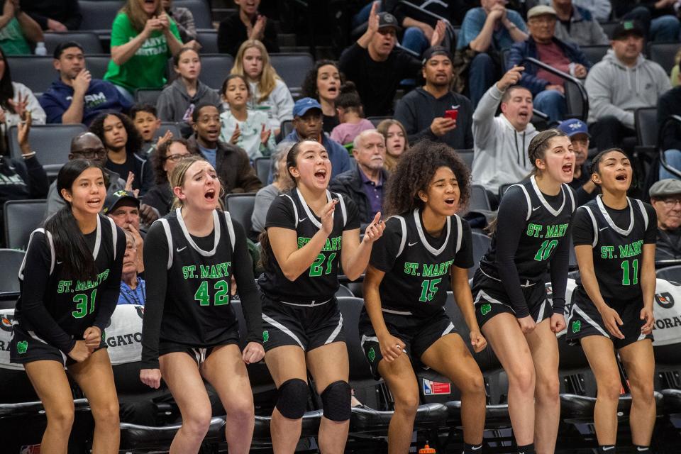 The St. Mary's Bech cheers during the Sac-Joaquin Section girls basketball championship game against Folsom at Golden One Center in Sacramento on Feb. 21. 2024. St. Mary's won 57-51.