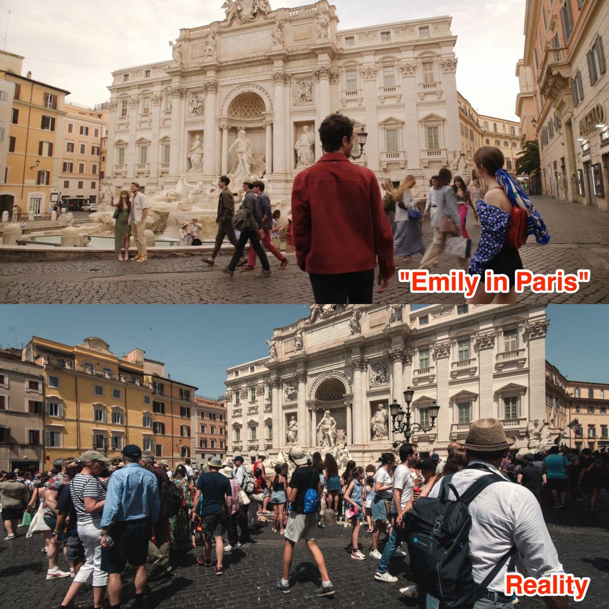 The Trevi Fountain in "Emily in Paris" and real life.