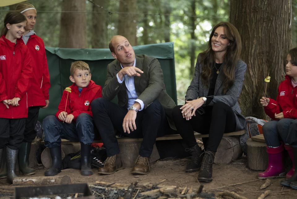 HEREFORD, ENGLAND - SEPTEMBER 14: Prince William, Prince of Wales and Catherine, Princess of Wales during their visit to Madley Primary School's Forest School in which prioritises outdoor learning on September 14, 2023 in Hereford, England. The Prince and Princess of Wales have travelled to Hereford to visit partners of The Duchy of Cornwall; Madley Primary School's Forest School and the We Are Farming Minds charity.  (Photo by David Rose - WPA Pool/Getty Images)