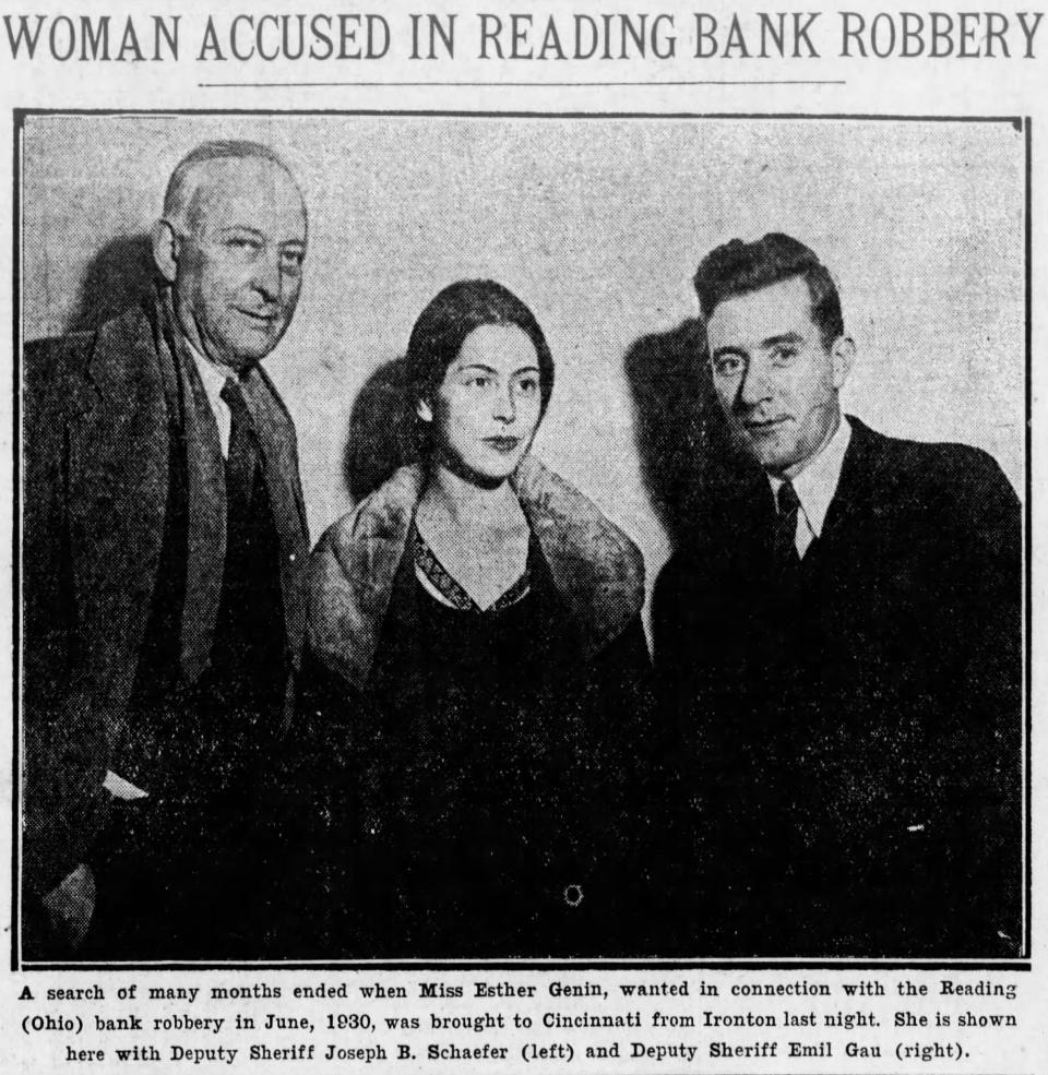 Esther Genin, accused in the June 1930 bank robbery, was finally apprehended in December 1931, as seen in a Cincinnati Enquirer news story from Dec. 10, 1931.