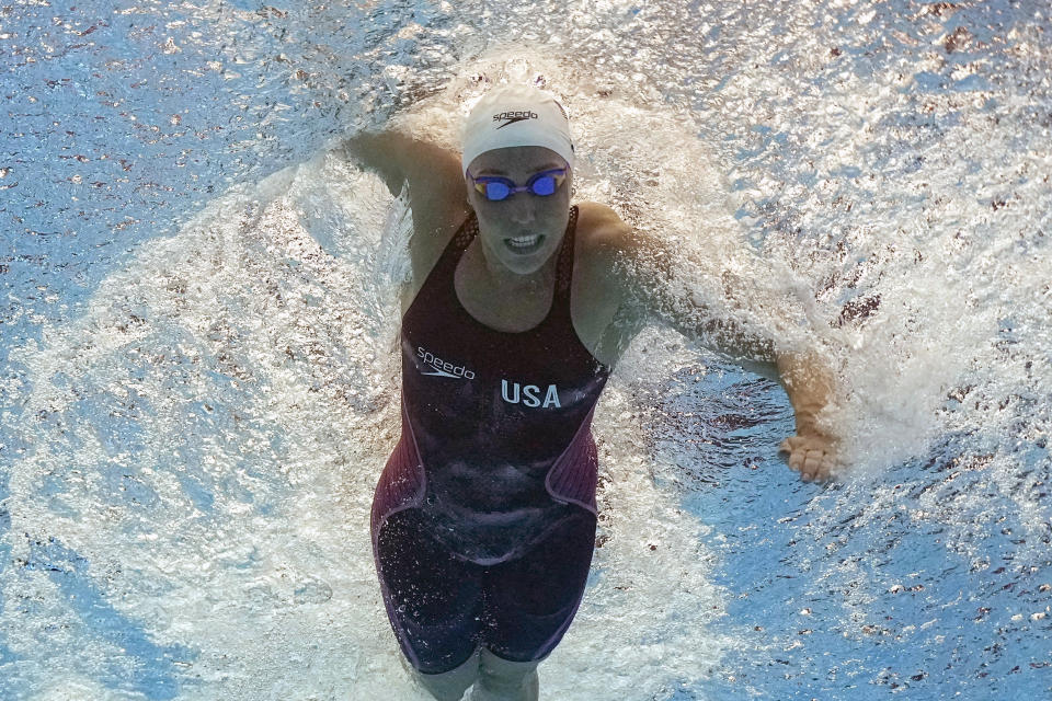 FILE - Abbey Weitzeil, of the United States, competes in a women's 50-meter freestyle heat at the World Swimming Championships in Fukuoka, Japan, Saturday, July 29, 2023. Weitzeil will head to her third Summer Games with only one chance to swim, and not on her own. She'll be part of the 4x100-meter freestyle relay, possibly relegated to a spot in the morning preliminaries, far removed from the spotlight of the evening finals she's so used to.(AP Photo/David J. Phillip, File)