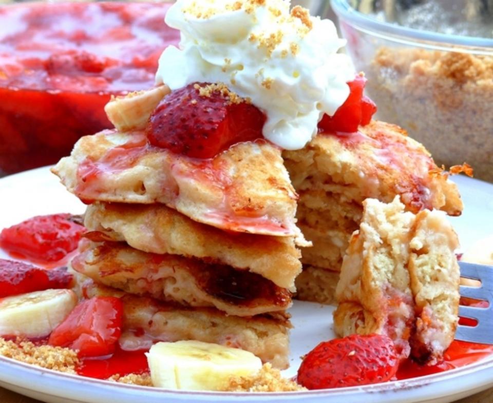 <p>Noble Pig</p><p>These are almost like having dessert for breakfast.</p><p><strong>Get the recipe: <a href="http://noblepig.com/2012/03/strawberry-banana-cheesecake-pancakes/" rel="nofollow noopener" target="_blank" data-ylk="slk:Strawberry Banana "Cheesecake" Pancakes;elm:context_link;itc:0;sec:content-canvas" class="link ">Strawberry Banana "Cheesecake" Pancakes</a></strong></p>