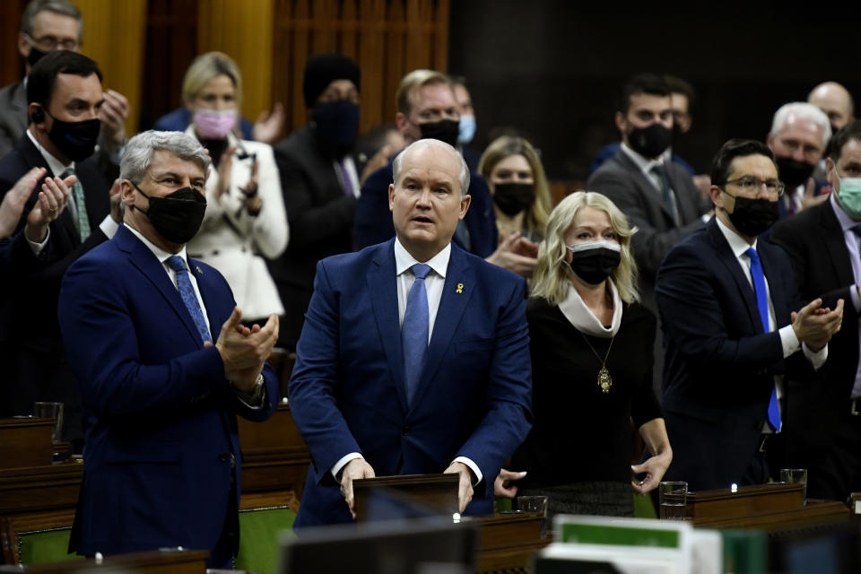 Conservative Leader Erin O'Toole rises during Question Period in the House of Commons on Parliament Hill in Ottawa, Ontario, on Monday, Jan. 31, 2022. (Justin Tang/The Canadian Press via AP)