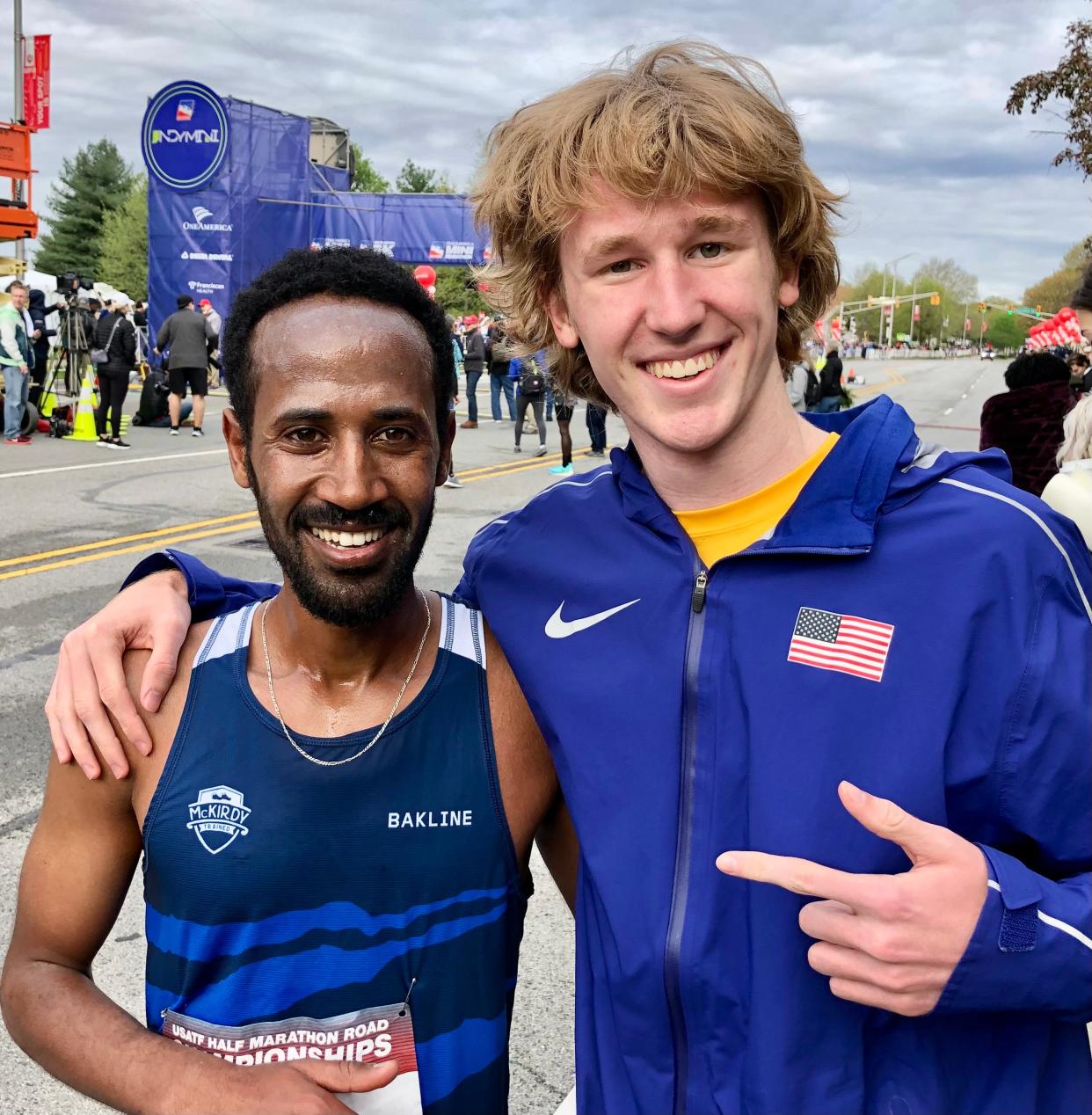 Futsum Zienasellassie (left) with Carmel’s Kole Mathison is by me. Both were national champions in high school cross-country, and Mathison broke Futsum’s state record for 3200 meters.