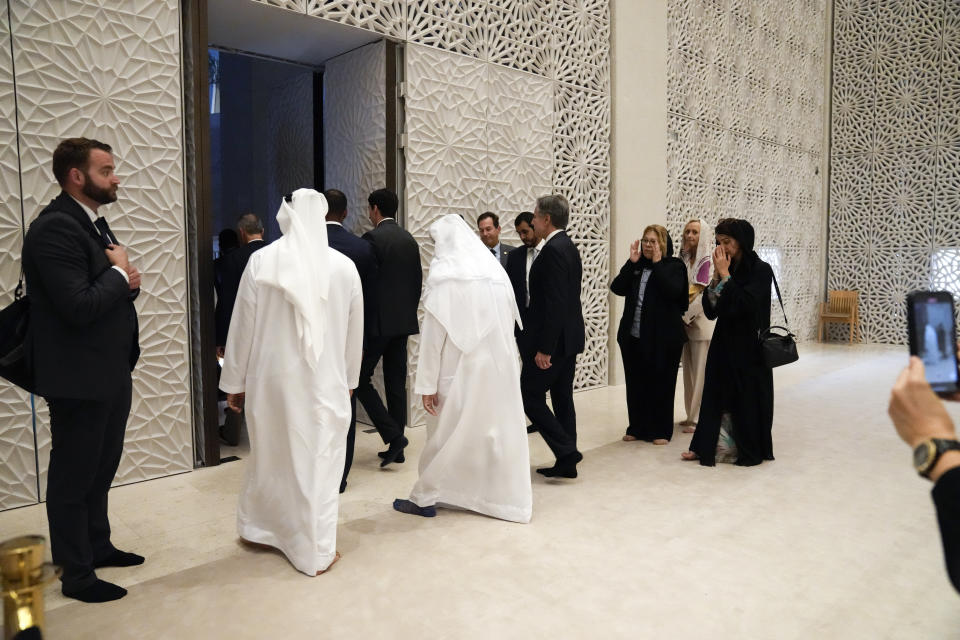 U.S. Secretary of State Antony Blinken leaves after touring the Imam Al-Tayeb Mosque at the Abrahamic Family House, in Abu Dhabi, United Arab Emirates, Saturday Oct. 14, 2023. (AP Photo/Jacquelyn Martin, Pool)