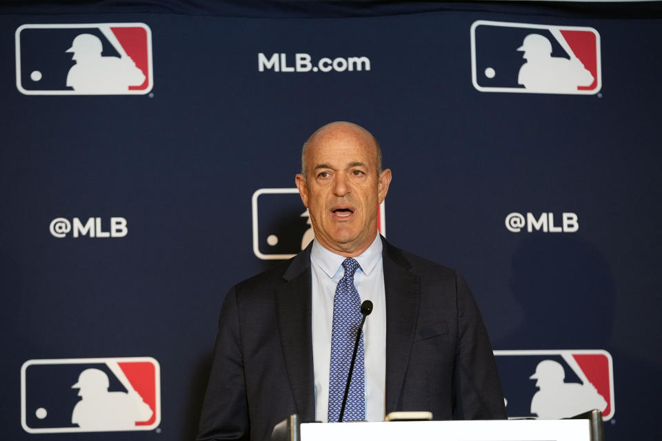 CORRECTS LAST NAME TO FISHER, NOT FOSTER AS ORIGINALLY SENT - Athletics owner John Fisher speaks during a news conference after a Major League Baseball owners meeting in Arlington, Texas, Thursday, Nov. 16, 2023. The Oakland Athletics’ move to Las Vegas was unanimously approved Thursday by Major League Baseball team owners, cementing the sport’s first relocation since 2005. (AP Photo/LM Otero)