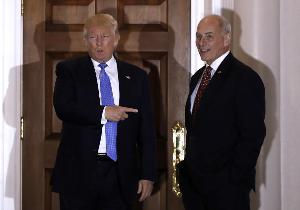 <p> FILE - In this Nov. 20, 2016 file photo, President-elect Donald Trump talks to media as he stands with retired Marine Gen. John Kelly at the Trump National Golf Club Bedminster clubhouse in Bedminster, N.J. Kelly is likely to be pressed about plans to build a border wall and other steps to boost immigration security at a Senate confirmation hearing on Jan. 10, for President-elect Donald Trump’s pick for Homeland Security secretary. (AP Photo/Carolyn Kaster, File) </p>