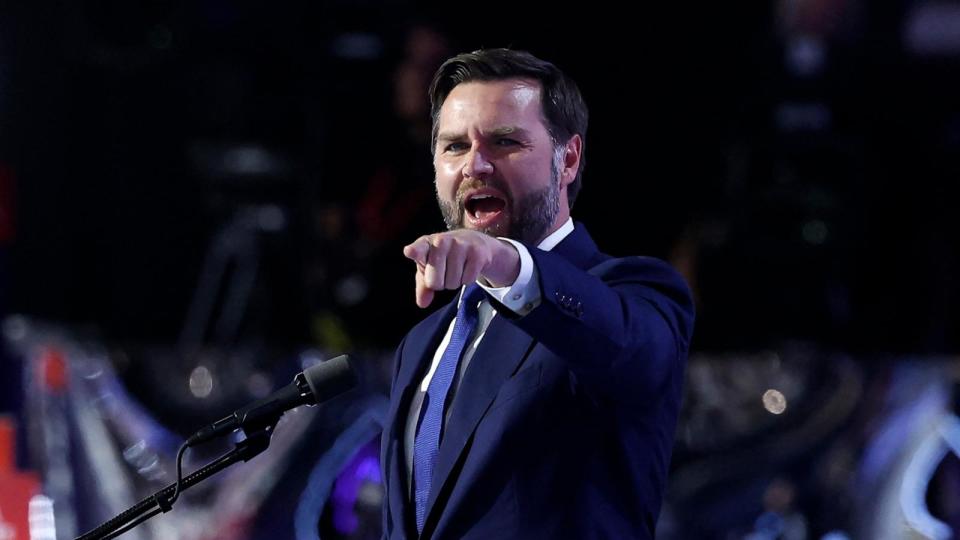 PHOTO: Republican vice-presidential candidate J.D. Vance gestures as he speaks during the third day of the 2024 Republican National Convention in Milwaukee, July 17, 2024.  (Kamil Krzaczynski/AFP via Getty Images)