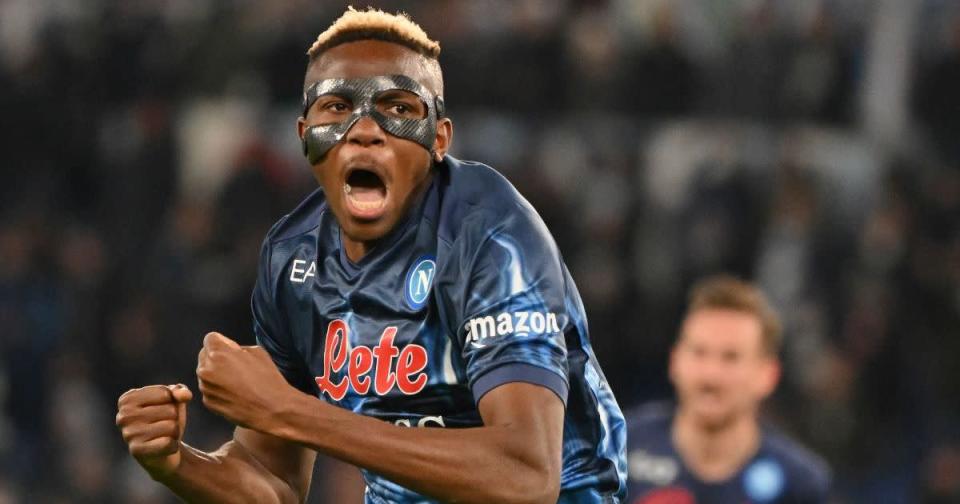 Napoli striker Victor Osimhen celebrates his goal against Lazio at the Stadio Olimpico in Rome. Febraury 2022. Credit: PA Images
