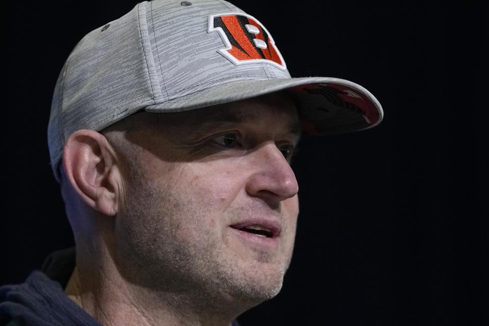 Cincinnati Bengals director of player personnel Duke Tobin speaks during a news conference at the NFL football scouting combine, Tuesday, Feb. 28, 2023, in Indianapolis. (AP Photo/Darron Cummings)