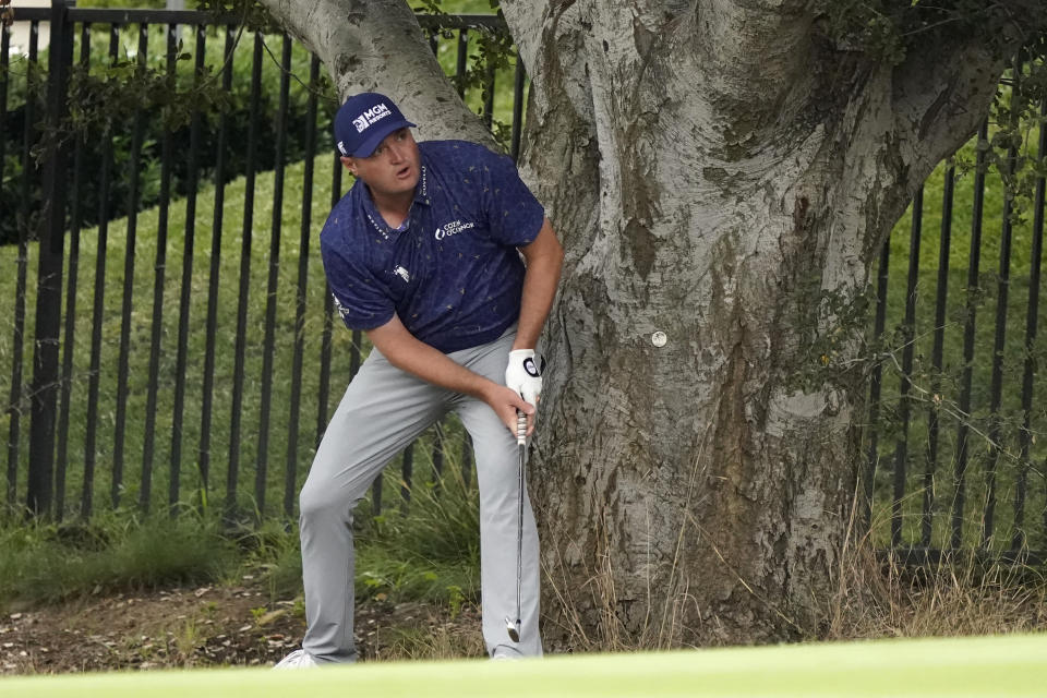 Jason Kokrak watches his shot from the rough on the 11th hole during the second round of the Zozo Championship golf tournament Friday, Oct. 23, 2020, in Thousand Oaks, Calif. (AP Photo/Marcio Jose Sanchez)