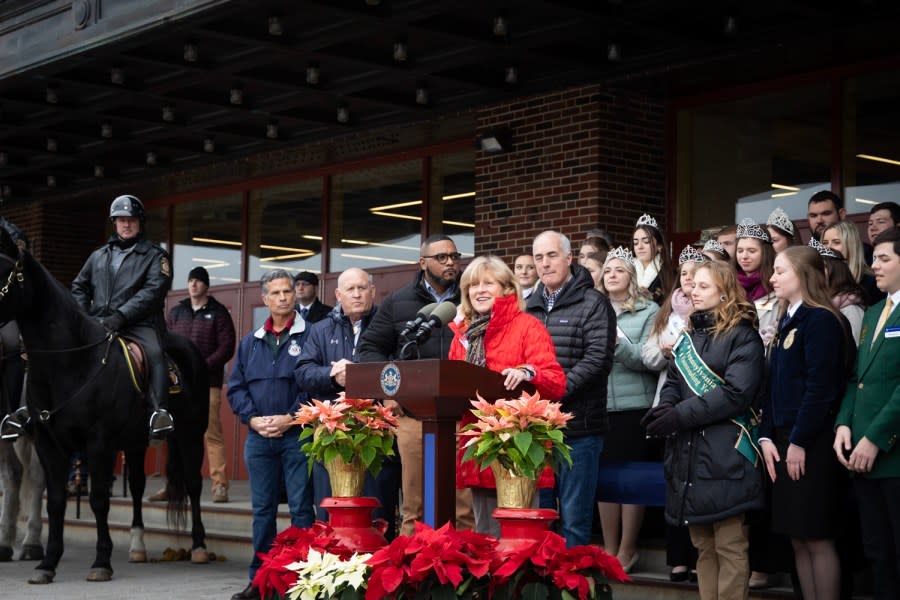 Lt. Governor Austin Davis, Agriculture Secretary Russell Redding, and several other Shapiro Administration cabinet members joined U.S. Senator Bob Casey, Congressman G.T. Thompson, Senator Judy Schwank, and numerous other agriculture industry and youth agriculture leaders to officially open the 108th Pennsylvania Farm Show. Pictured here is Senator Judy Schwank, delivering remarks on the first day of the event. Harrisburg, Pennsylvania. January 6, 2024.