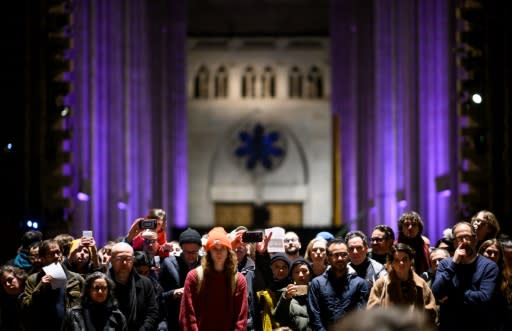 The drones were first accompanied by organ music before Anderson and other collaborators began chiming in with instruments including drums and violas, as onlookers filled the cavernous space for a sonic massage