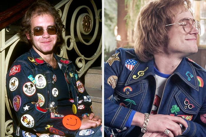 side by side of the singer and the actor portraying Elton wearing the same denim jacket with patches