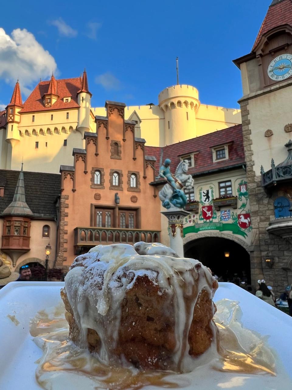 Warm Pretzel Bread Pudding is available for mobile order at Sommerfest in the Germary pavilion of EPCOT's World Showcase.