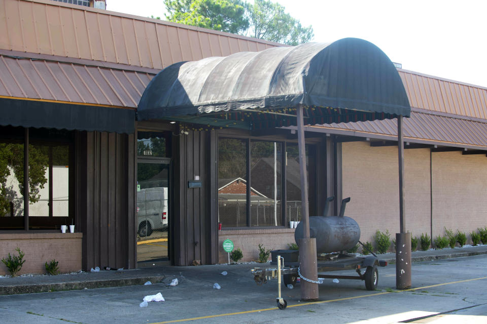 This Saturday, June 29, 2019, photo shows Stadium Ultralounge & Bar, where multiple people were injured in a shooting earlier in the day, in Baton Rouge, La. (Travis Spradling/The Advocate via AP)