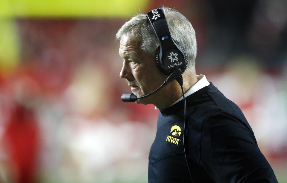 Iowa head coach Kirk Ferentz watches his team play Rutgers during the first half of an NCAA football game, Saturday, Sept. 24, 2022, in Piscataway, N.J. (AP Photo/Noah K. Murray)