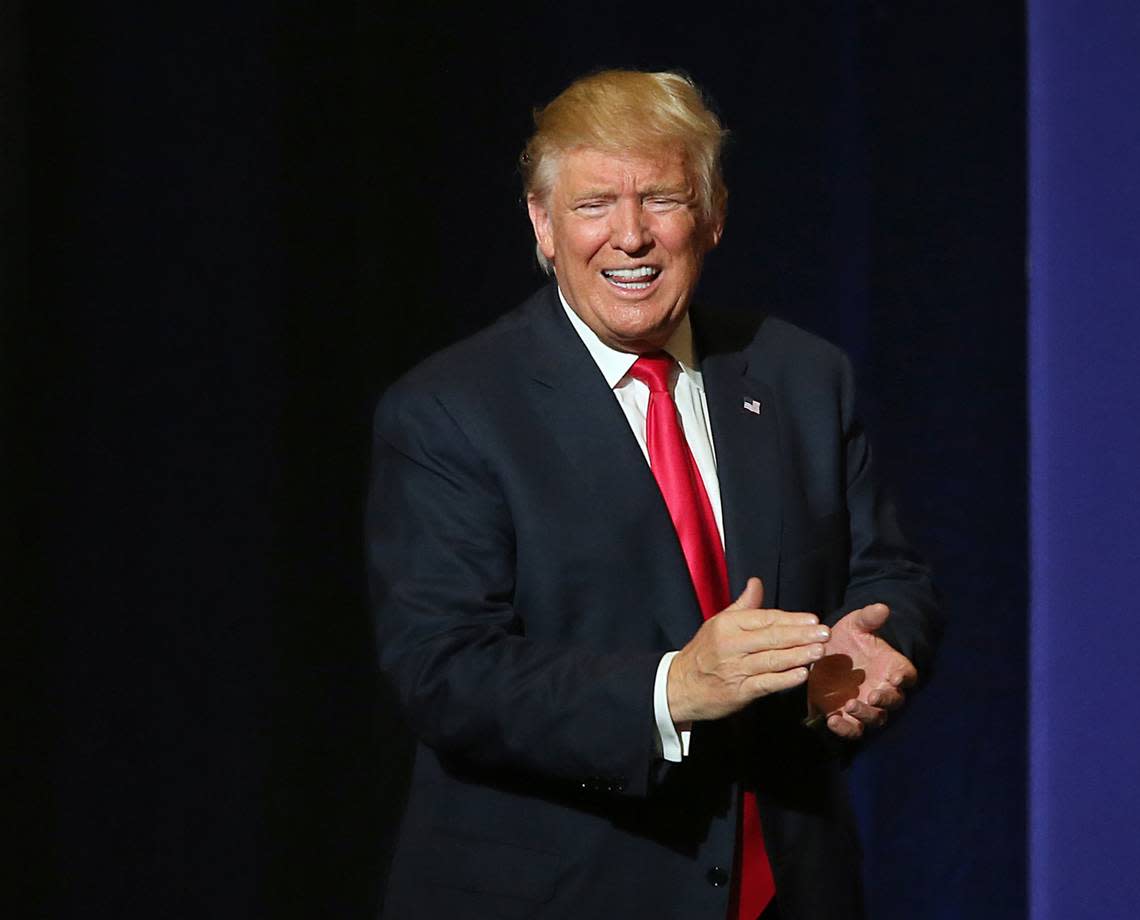 Donald J. Trump, Republican presidential candidate, reacts after speaking during a rally on Thursday, Oct. 13, 2016 at the South Florida Fair & Expo Center in West Palm Beach, Fla. (Pedro Portal/Miami Herald/TNS)