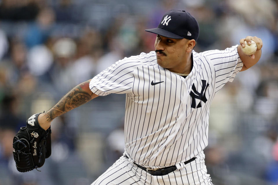 New York Yankees pitcher Nestor Cortes throws during the first inning of the team's baseball game against the Baltimore Orioles on Saturday, Oct. 1, 2022, in New York. (AP Photo/Adam Hunger)