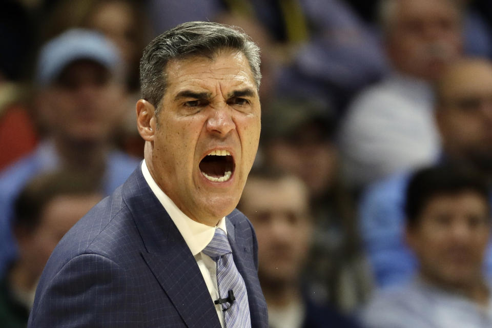 FILE - In this Dec. 5, 2018, file photo, Villanova head coach Jay Wright shouts during an NCAA college basketball game against Temple in Villanova, Pa. Wright is starting his 19th season at Villanova, where he is already the winningest coach in program history. (AP Photo/Matt Slocum, File)