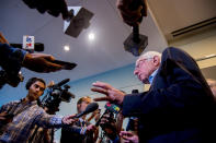 Democratic presidential candidate U.S. Sen. Bernie Sanders speaks to reporters following his appearance at the at the first-ever "Workers' Presidential Summit" at the Convention Center in Philadelphia Tuesday, Sept. 17, 2019. The Philadelphia Council of the AFL-CIO hosted the event. (Tom Gralish/The Philadelphia Inquirer via AP)