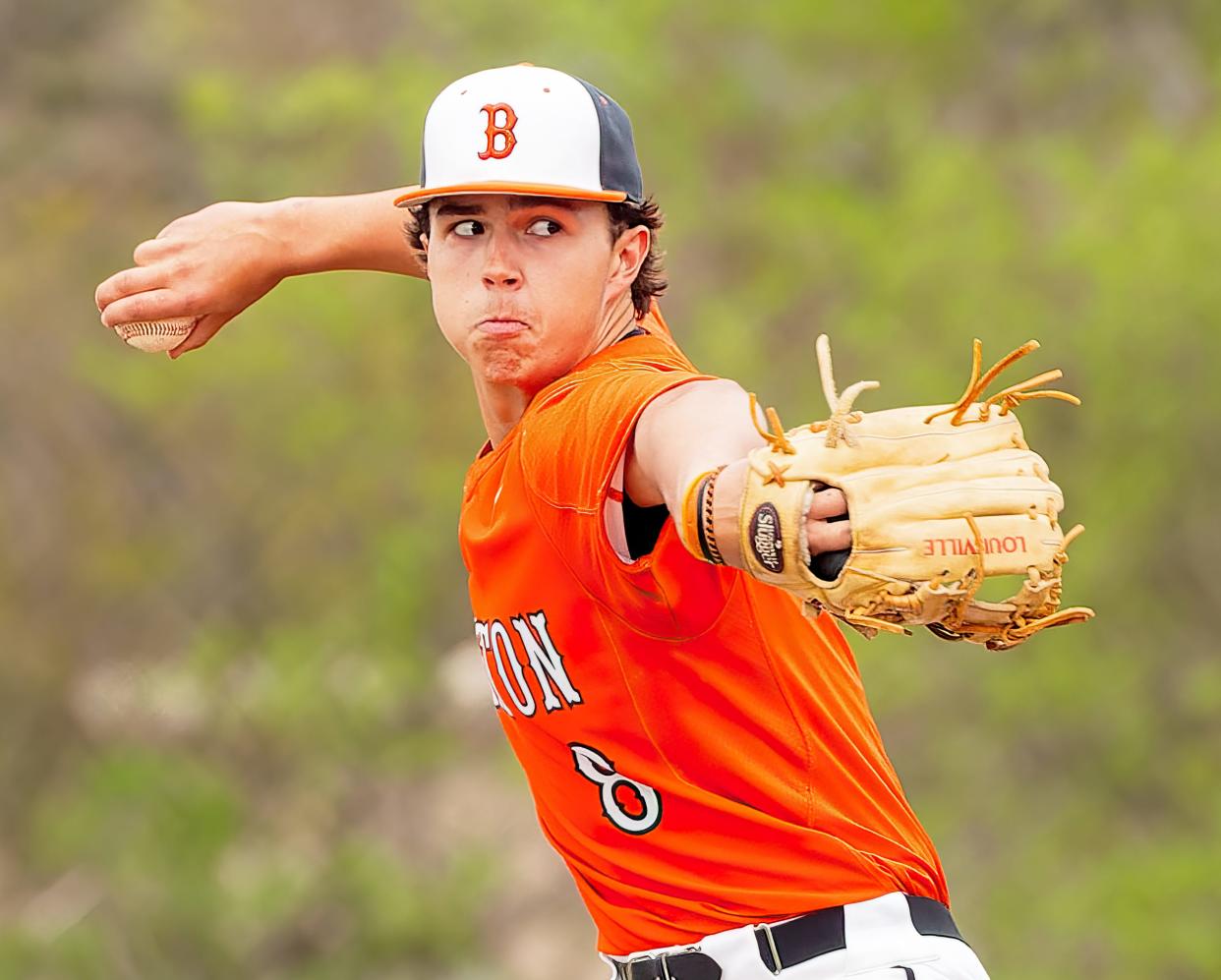 Brighton's Parker Aten fires a pitch during a loss to Hartland, Monday, April 29, 2024.