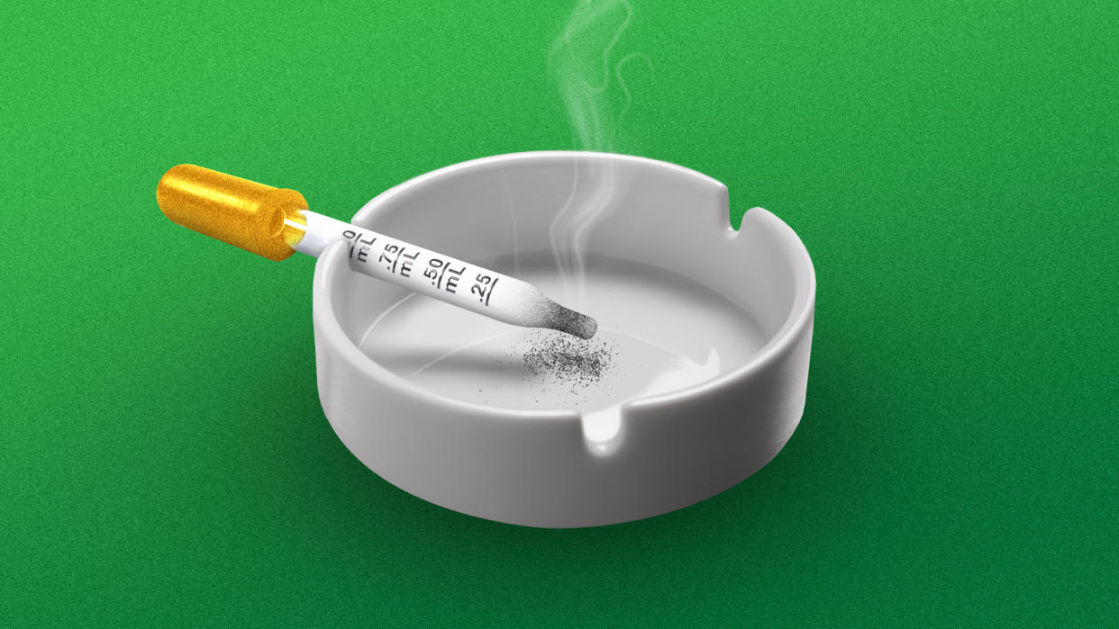A mockup of nicotine in a cigarette-styled eye dropper, 