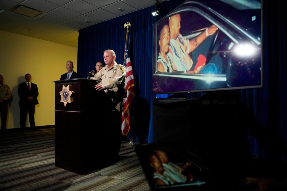 Las Vegas Sheriff Kevin McMahill speaks during a news conference on an indictment in the 1996 murder of rapper Tupac Shakur, Sept. 29, 2023, in Las Vegas. (Copyright 2023 The Associated Press. All rights reserved.)