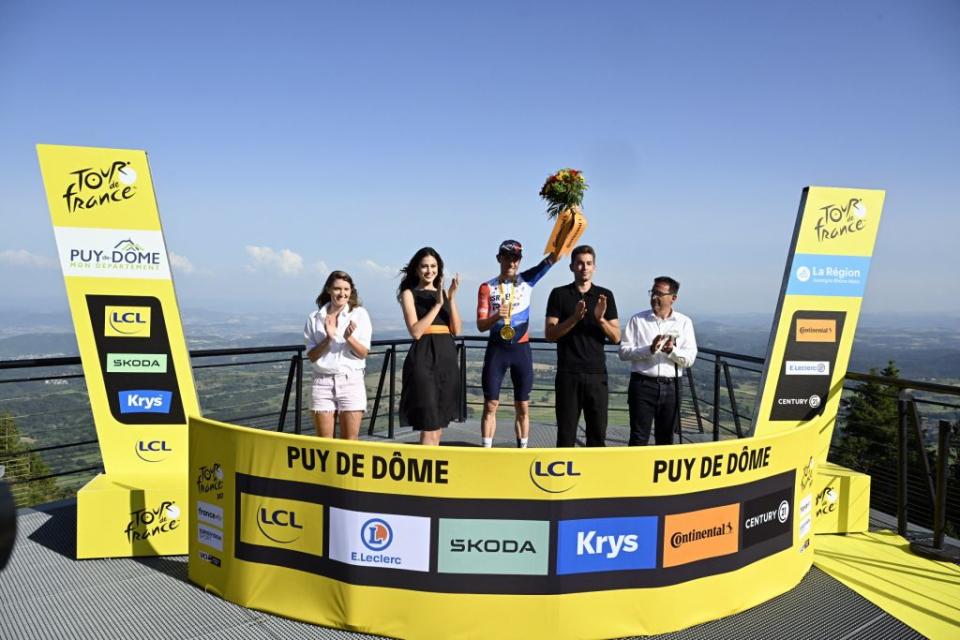 Canadian Michael Woods of IsraelPremier Tech celebrates on the podium after winning stage 9 of the Tour de France cycling race a 1824 km race from SaintLeonarddeNoblat to Puy de Dome France Sunday 09 July 2023 This years Tour de France takes place from 01 to 23 July 2023 BELGA PHOTO DIRK WAEM Photo by DIRK WAEM  BELGA MAG  Belga via AFP Photo by DIRK WAEMBELGA MAGAFP via Getty Images