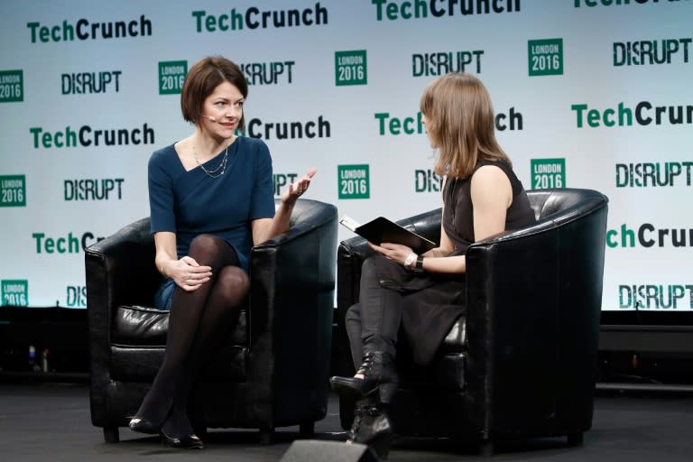 Darktrace chief executive Poppy Gustafsson (L) said the group's 'technology has never been more relevant in a world increasingly threatened by AI-powered cyberattacks' (John Phillips)