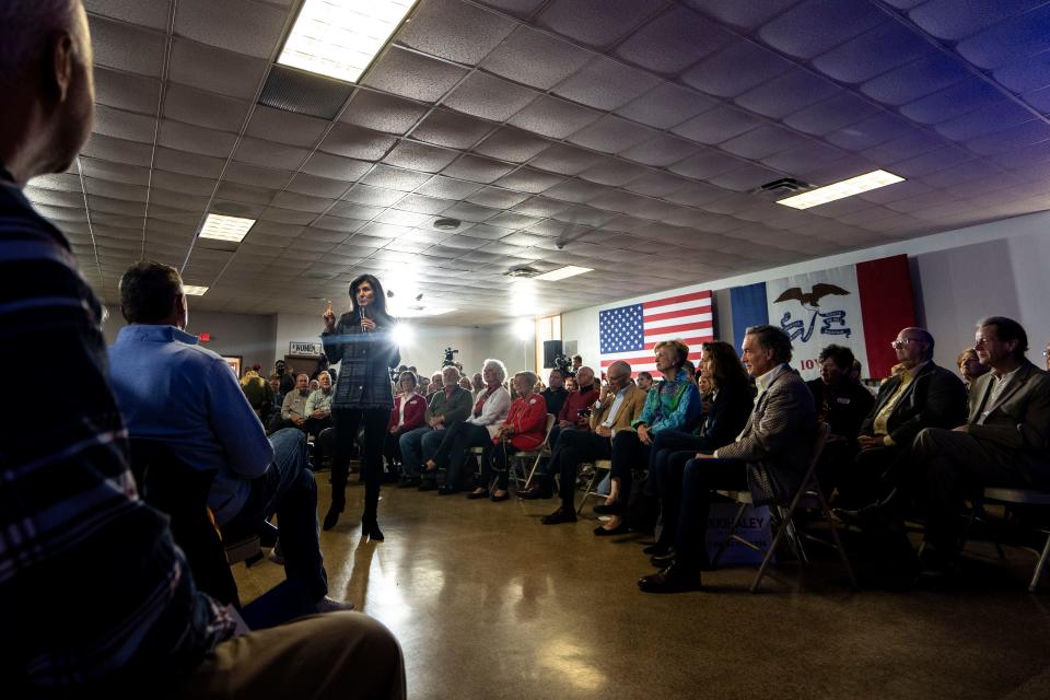 Presidential candidate Nikki Haley speaks during a town hall at Vittoria Lodge on Friday, November 17, 2023 in Ankeny.