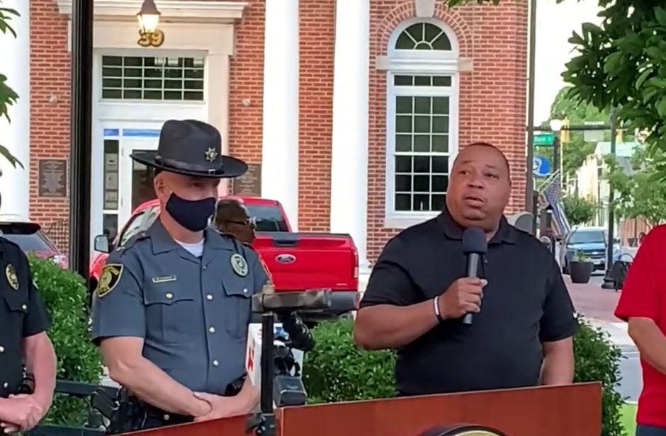 Delmar Police Department Chief Ivan Barkley speaks at a law enforcement appreciation rally in Georgetown May 17.