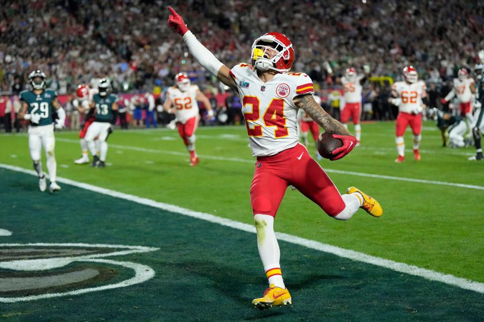 Kansas City Chiefs wide receiver Skyy Moore (24) celebrates his touchdown against the Philadelphia Eagles during the second half of the NFL Super Bowl 57 football game, Sunday, Feb. 12, 2023, in Glendale, Ariz.(AP Photo/Ashley Landis)