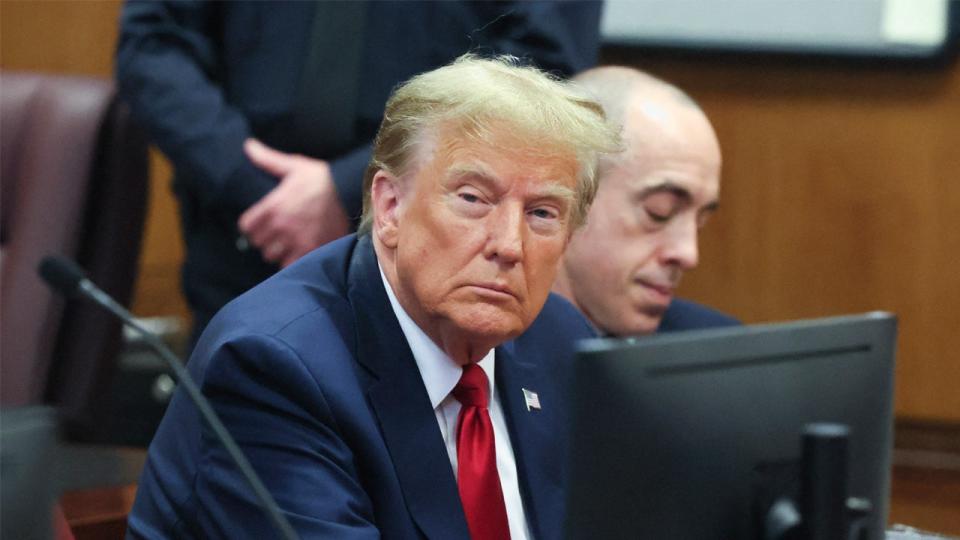<div>Former US President Donald Trump attends a hearing at Manhattan Criminal Court in New York City on February 15, 2024. Trump is in court ahead of a trial for illegally covering up hush money payments made to hide extramarital affairs, including with porn star Stormy Daniels. The hearing will see Trump's legal team attempt to have the case thrown out. (Photo by BRENDAN MCDERMID / POOL / AFP) (Photo by BRENDAN MCDERMID/POOL/AFP via Getty Images)</div>