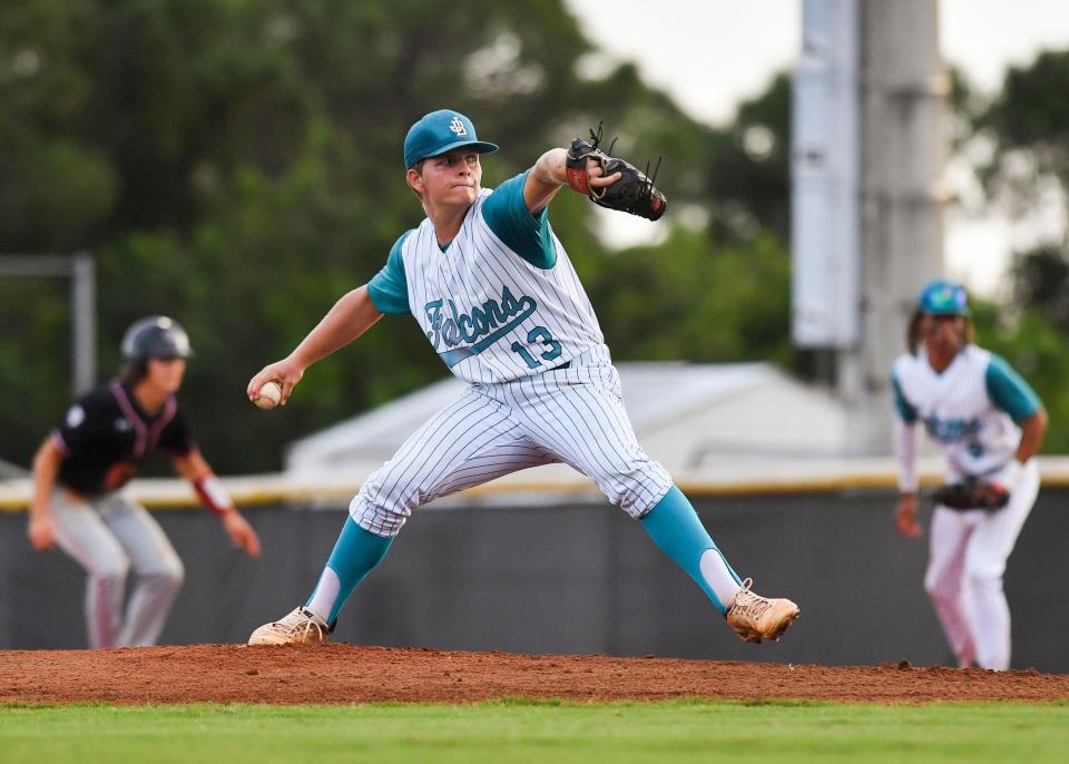 Jensen Beach's Chris Knier (13) throws a pitch to South Fork in a high school baseball game, Wednesday, April 5, 2023, at Jensen Beach High School. Jensen Beach won 5-0.