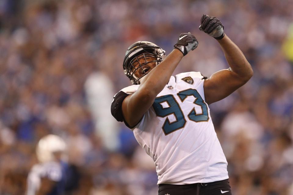 Jacksonville Jaguars defensive end Calais Campbell (93) celebrates a sack against the Indianapolis Colts during the second half of an NFL football game in Indianapolis, Sunday, Oct. 22, 2017.