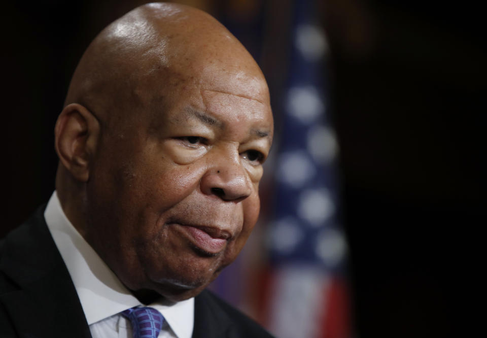 FILE - In this April 27, 2017, file photo, Rep. Elijah Cummings, D-Md., ranking member on the House Oversight Committee, speaks to reporters during a news conference on Capitol Hill in Washington. Many faith leaders, activists and politicians in Baltimore have one thing in common: They were mentored by Cummings. Cummings, who died Thursday at 68, inspired and advised others, sharing his political wisdom. (AP Photo/Manuel Balce Ceneta, File)